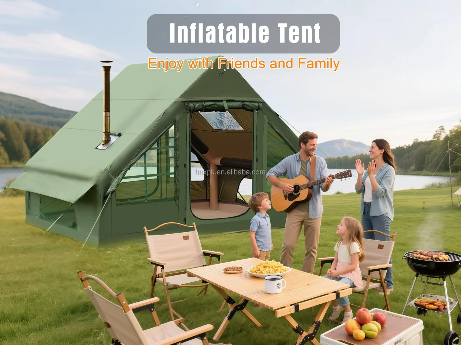 Outdoor Camping Inflatable Tent Thickened PVC&Oxford Cloth Fabric Four Season Rainproof Family Camping Tent for 3-4Person