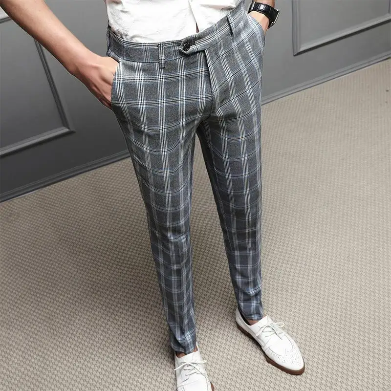 Size 29-36 Men Plaid Pants Spring Autumn  Casual Slim   Long Business Chinos Slacks Khaki Grey