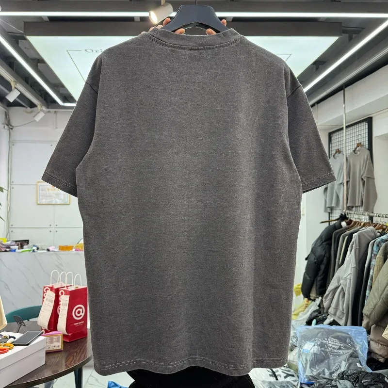 2026 Gray Blue Flame Metal Cross Print T Shirt Men Women Vintage Washed Loose High Street Short Sleeve Cotton Round Neck T-shirt