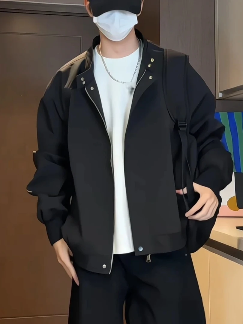 

Men's Stand Collar Harrington Jaet Faionable American Brand Baseball Sle Windproof Polyester Fiber Long Sve Outerwear