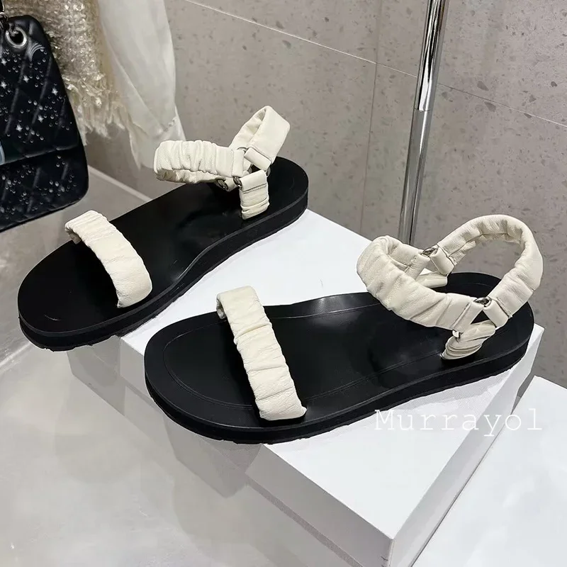 여성용 천연 가죽 원 스트랩 플랫 바텀 샌들, 주름 디자인 백 스트랩 샌들, 여름 오픈 토 비치 슈즈, 글래디에이터