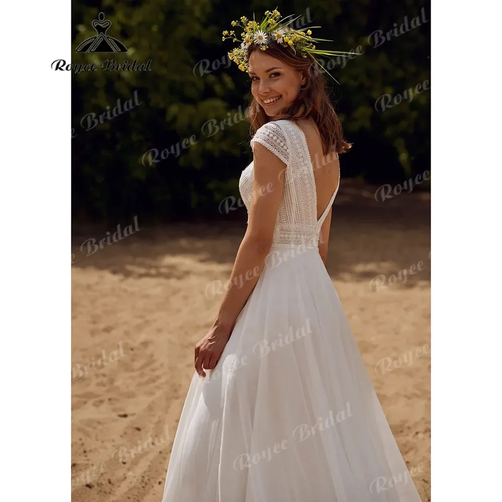 Rustic Elopement Lace Chiffon Boho Deep V Neck Wedding Dress with Cap Sleeve 2025 Backless Bridal Gown for Women vestido de casa