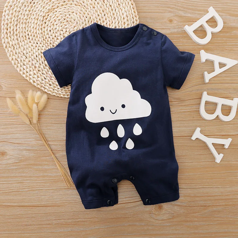 Summer Boys And Girls Cute Cartoon White Cloud Printed Cotton Comfortable Casual Short Sleeve Bodysuit