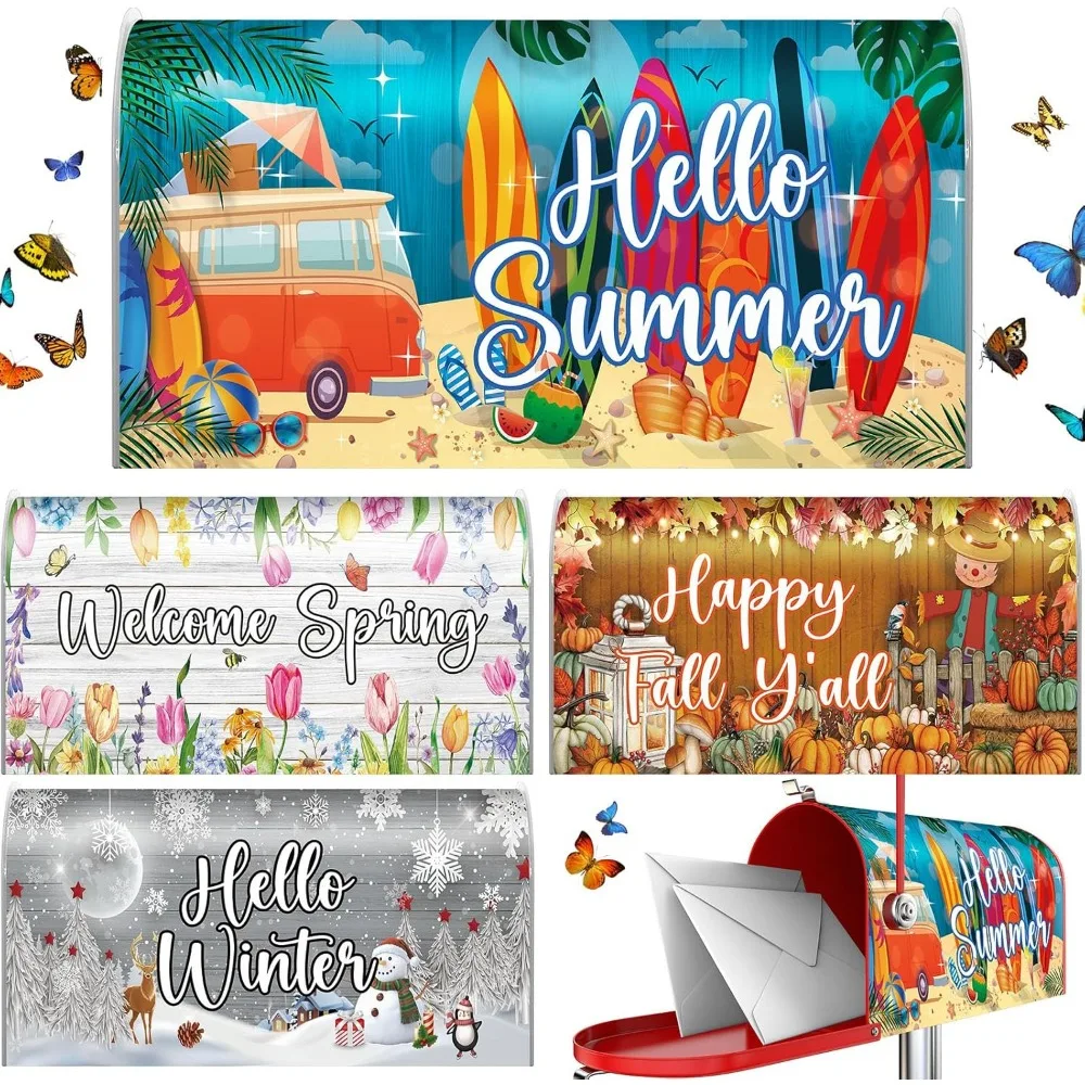 

4 Pcs Mailbox Covers Hello Spring Summer Autumn Winter Magnetic Mailbox Covers Wraps for Holiday Fall Christmas Outdoor Garden Y