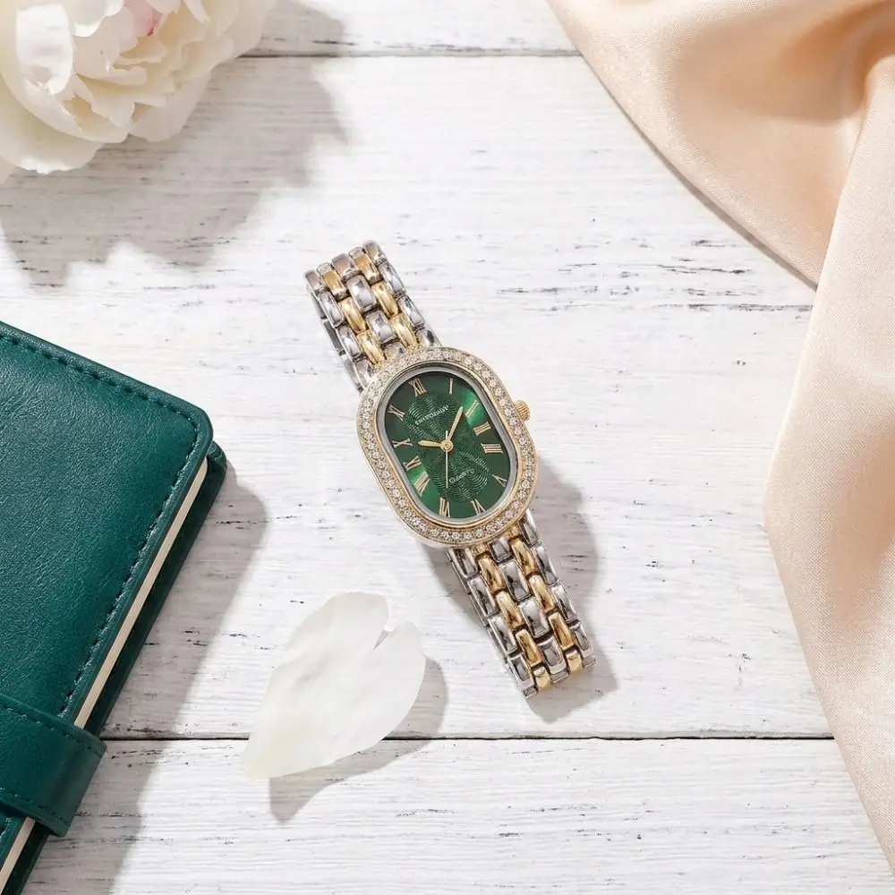 Oval Dial Women's Quartz Watch Rhinestone Encrusted Elegant Vintage Female Clock Adjustable Quartz Movement