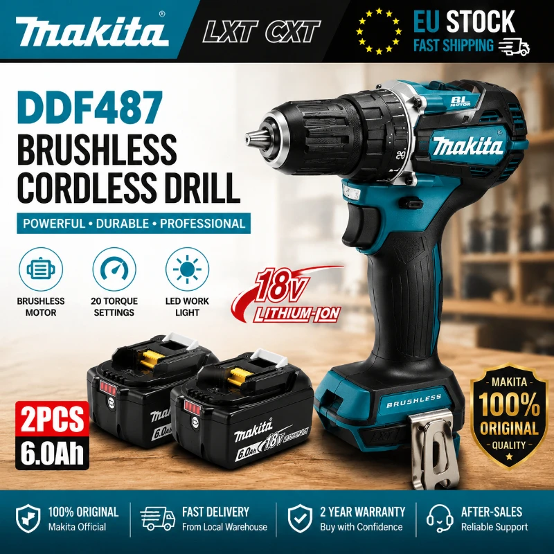 Original Makita 18V LXT Akku-Bohrschrauber DDF487 Bürstenloser Hochleistungs-Bohrschrauber + 6,0Ah BL1860B BL1840 Akku-Set Original Elektrowerkzeug-Set EU Schnellversand