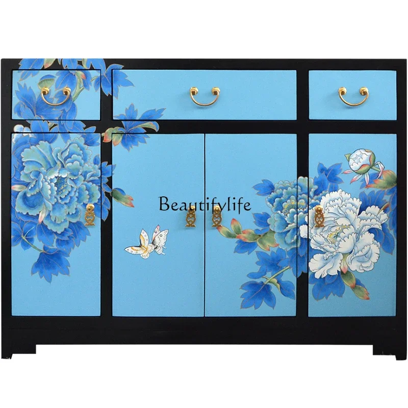 New Chinese-style entrance cabinet painted dining side peony flower decorative cabinet three buckets and four doors