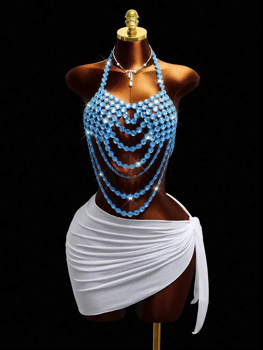 

Womens Beaded Halter Bikini Top With Chain Detail And Wrap Skirt