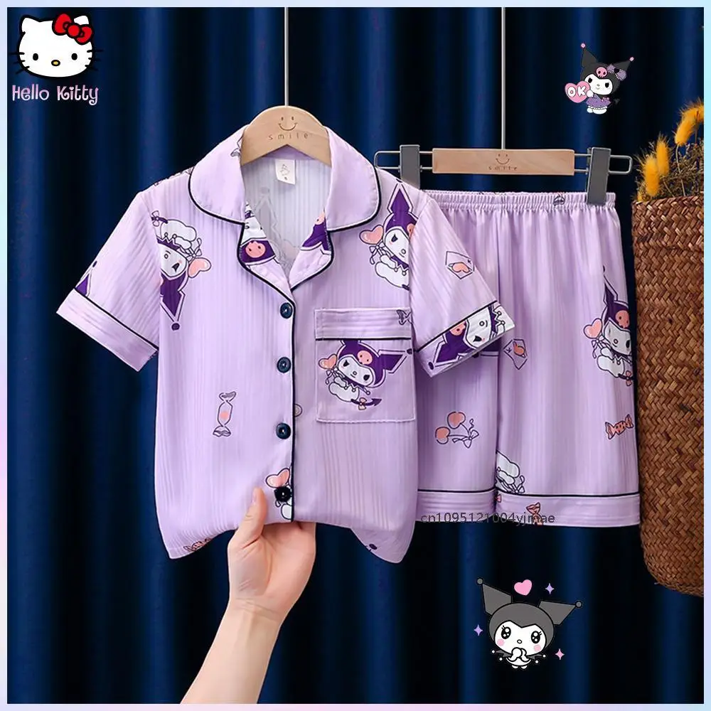 

Anime Kawaii Kuromi Children Pajama Sets Hello Kitty Cinnamoroll Cartoon Sanrio Cotton Short Sleeve T-Shirt Tops Pants Pijamas