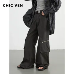 CHIC VEN Women Cargo Pant New Loose Streetwear High Waisted Workwear Casual Trousers Slightly Flared Spring Autumn 2024