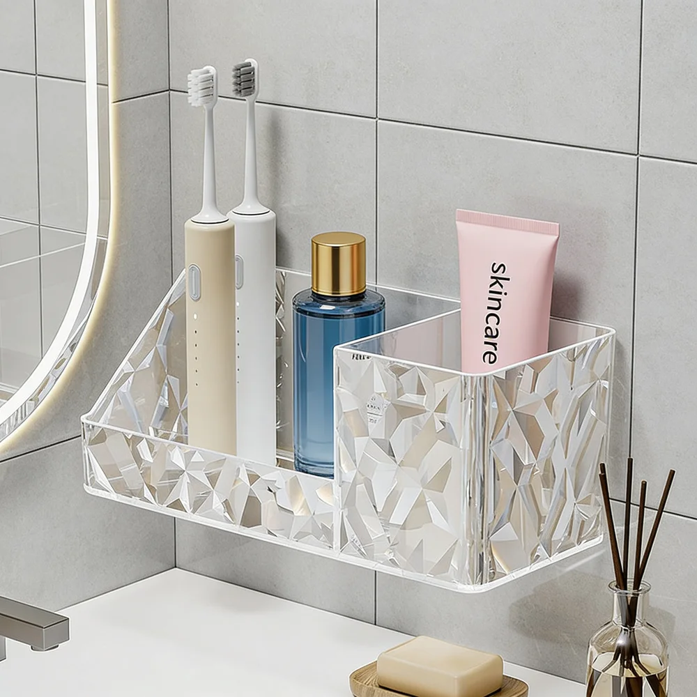 Acrylic Storage Rack Wall Mounted Bathroom Organizer Shelf Self Adhesive Space Saving Holder for Kitchen and Washroom Use