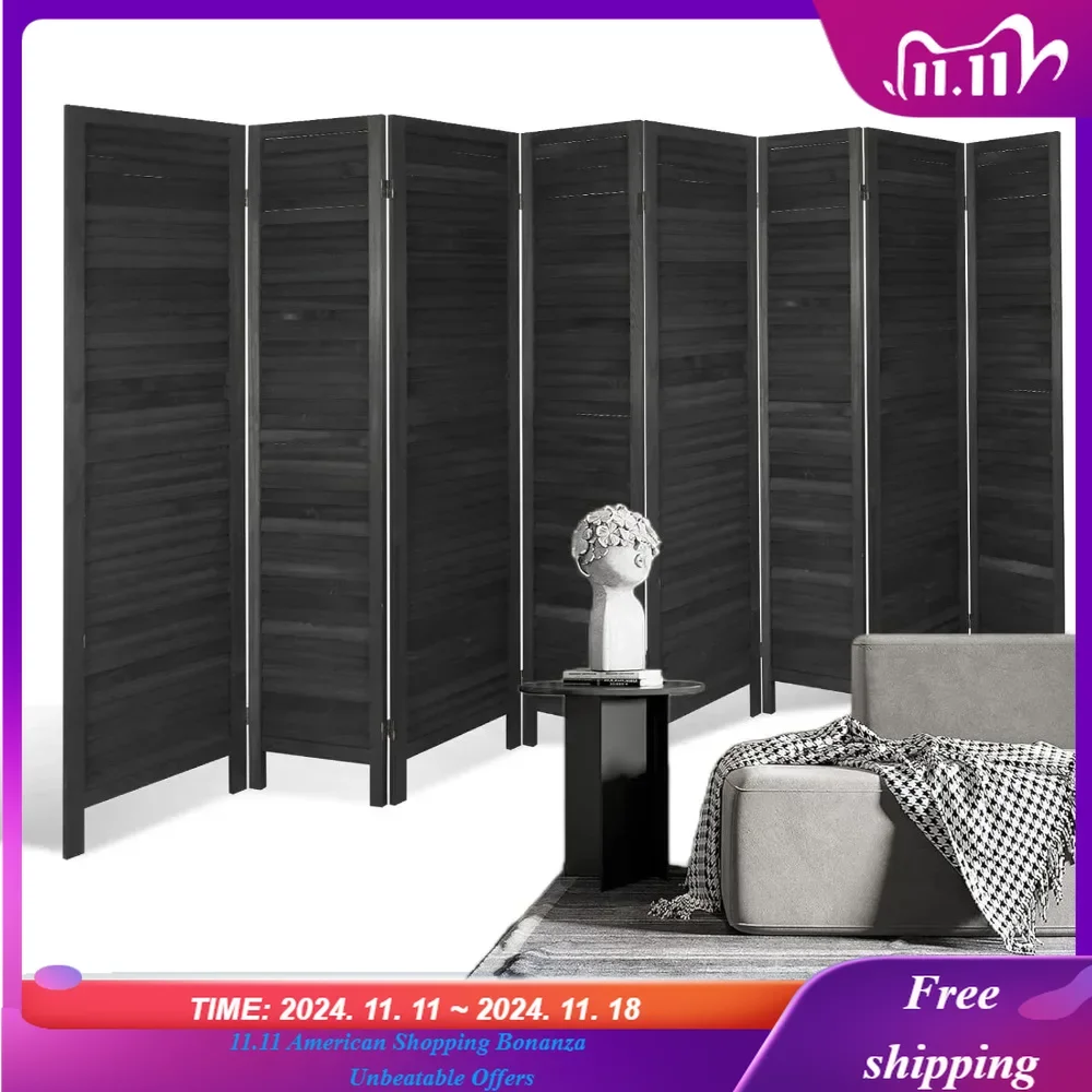 8 Panel, Wood Room Divider 5.6Ft,Portable Room Dividers and Folding Privacy Screens,Decorative Room Partition Pure Black