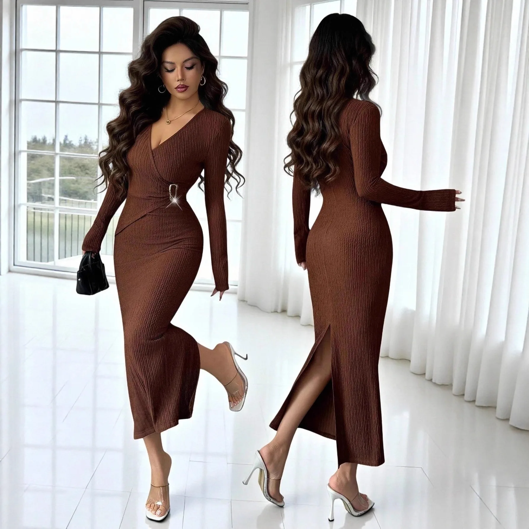 

Autumn New Women's Long-sleeved Dress Slim V-neck Knitted Mechanism Solid Color Slimming High-waisted Elegant Long Skirt