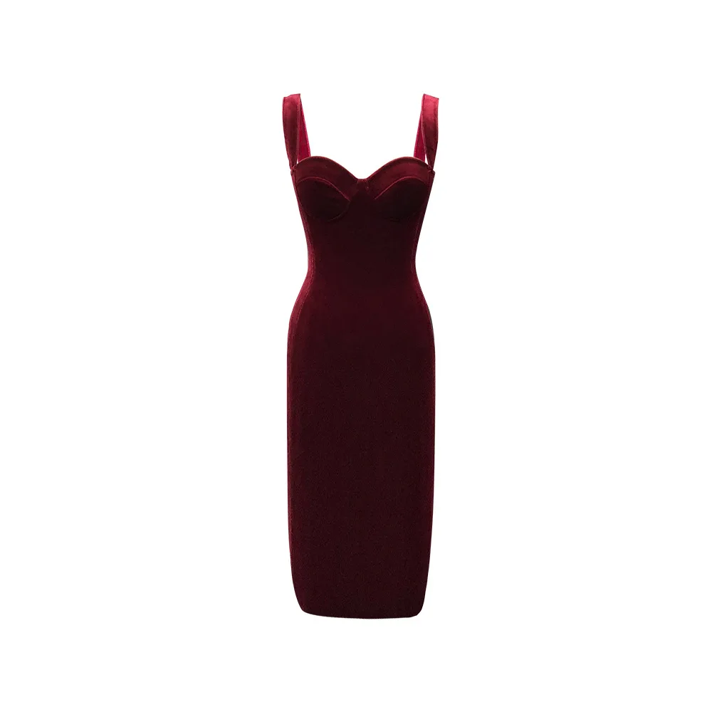 Lady Dresses Velvet Temperament Slip Dress, with Chest Pad, Women\'s Slim and Thin, Inner Layer, Bottom, Hip Wrapping, Midi Skirt