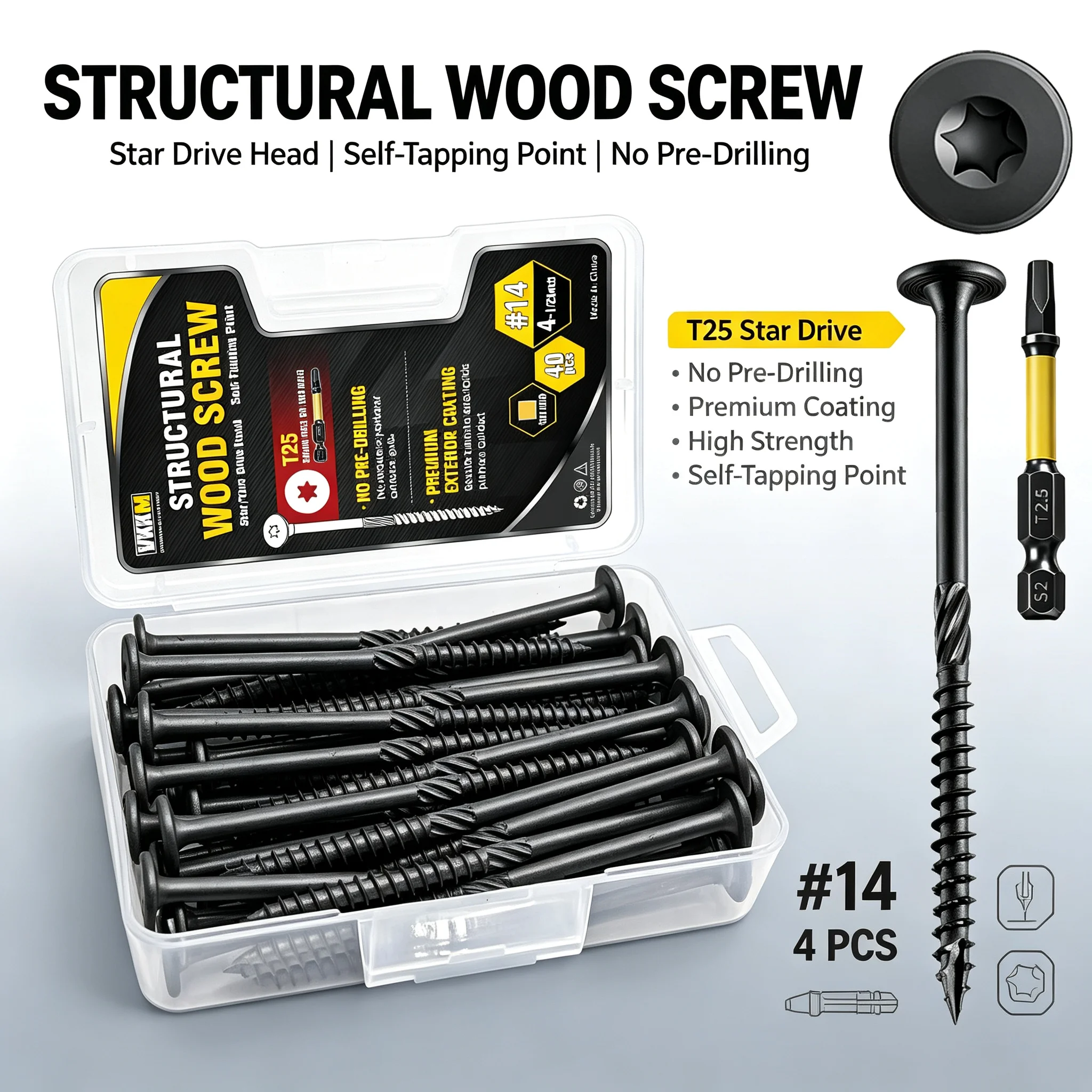 40Pcs#14x4-1/2 Inch Structural Wood Screws T25 Torx Washer Head Self Tapping Screws with T25Bit for Heavy Duty Wood Construction