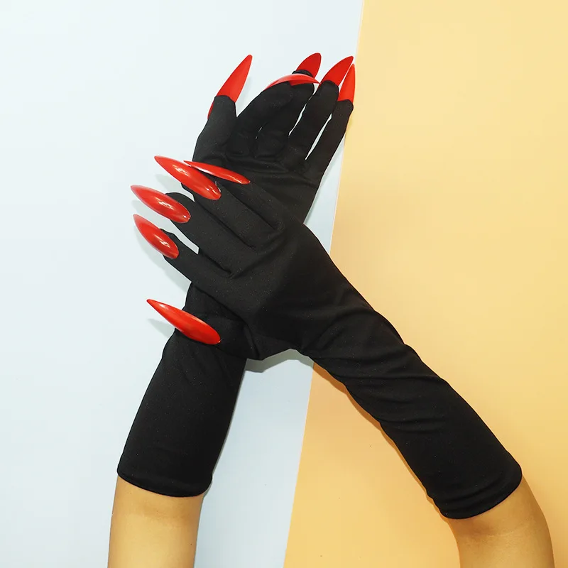 40cm Halloween Cosplay Compulsion Fashionable Personality Stretch Ghost Claw Red Black Long Nail Gloves Stage Performance Solid