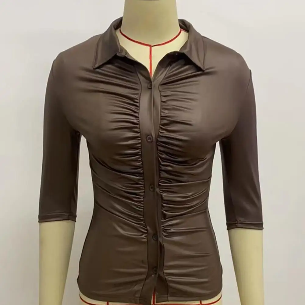 

Trendy Slim Shirt Anti-pilling Autumn Shirt Lapel Lady Ruched Skinny Fit Shirt Blouse Workwear