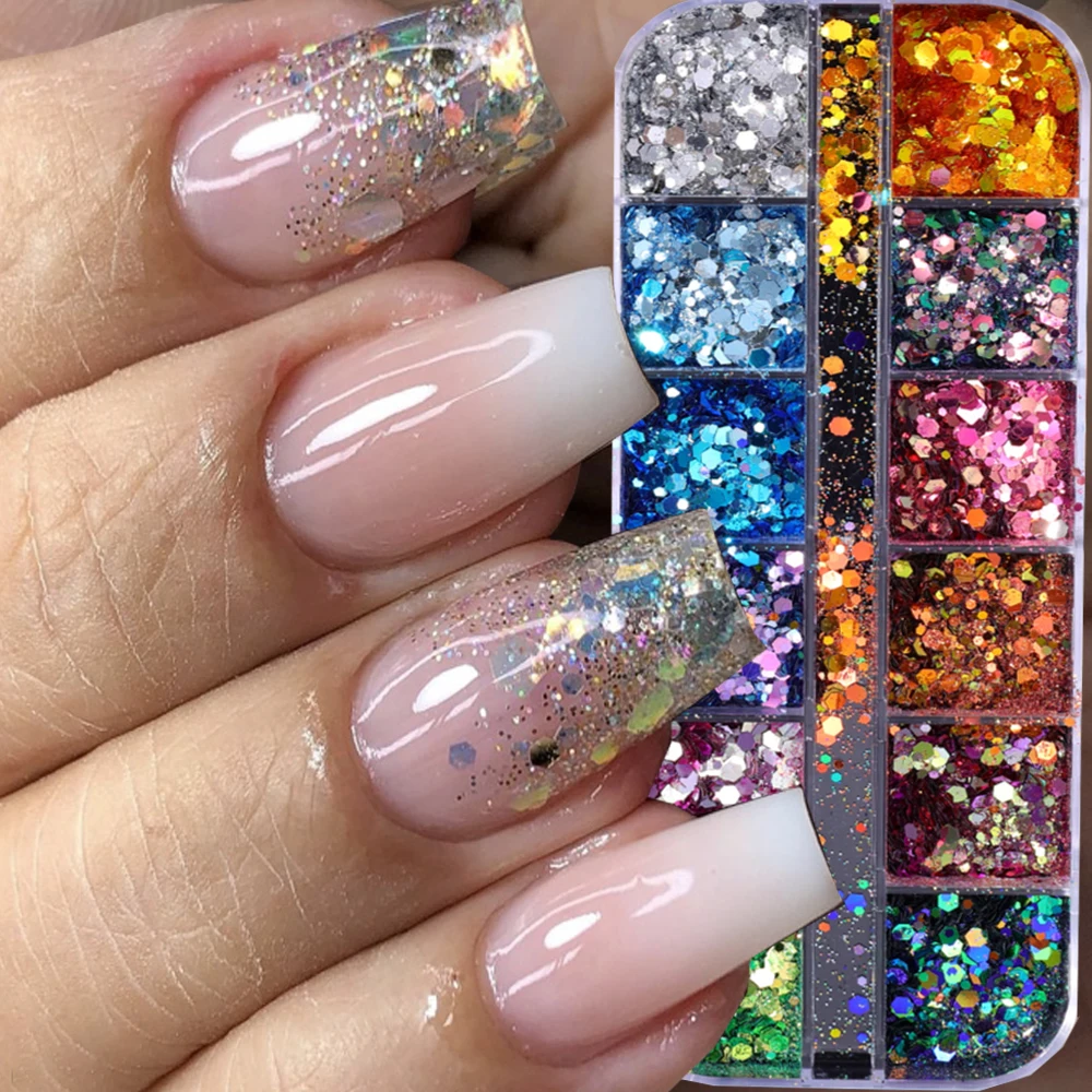 2 Colors/box Star Heart Hexagon Nail Sequins Mermaid Mirror 3D Glitter Flakes Paillette DIY Laser Spangles Polish Manicure Tips