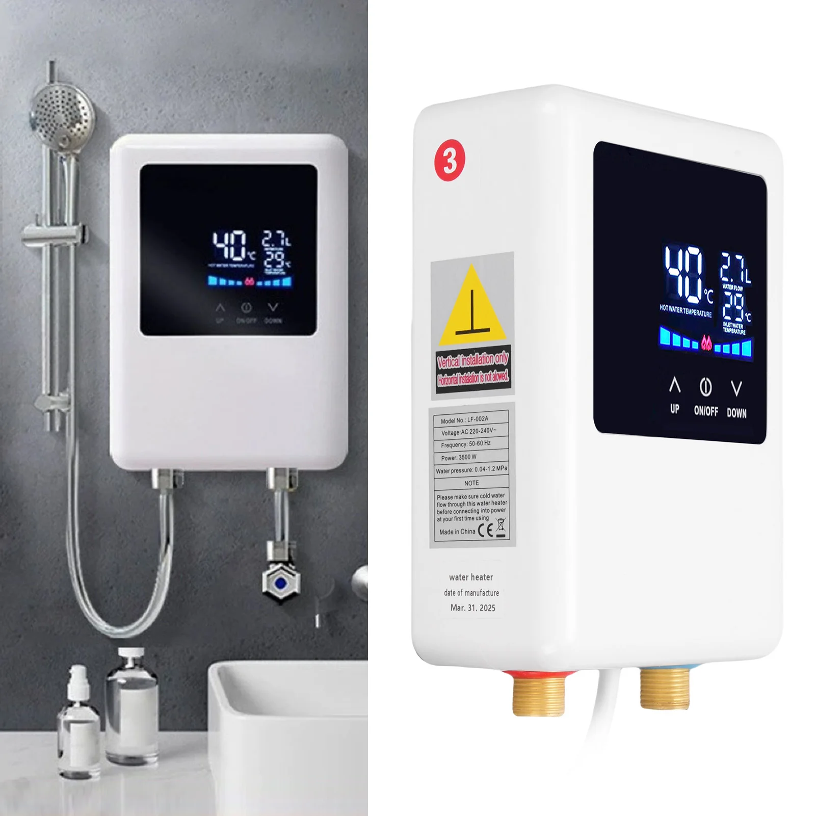 Умный водонагреватель 3000 Вт, цифровой ЖК-сенсорный экран, мгновенный нагрев для кухни, ванной комнаты