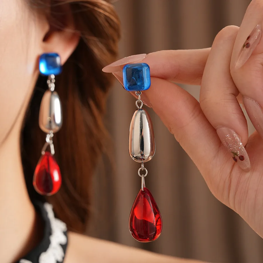 Neue Mode Acryl Wasser Tropfen Ohrringe für Frauen Blau Rot Kristall Geometrische Lange Ohrringe Baumeln Party Erklärung Ohr Schmuck K