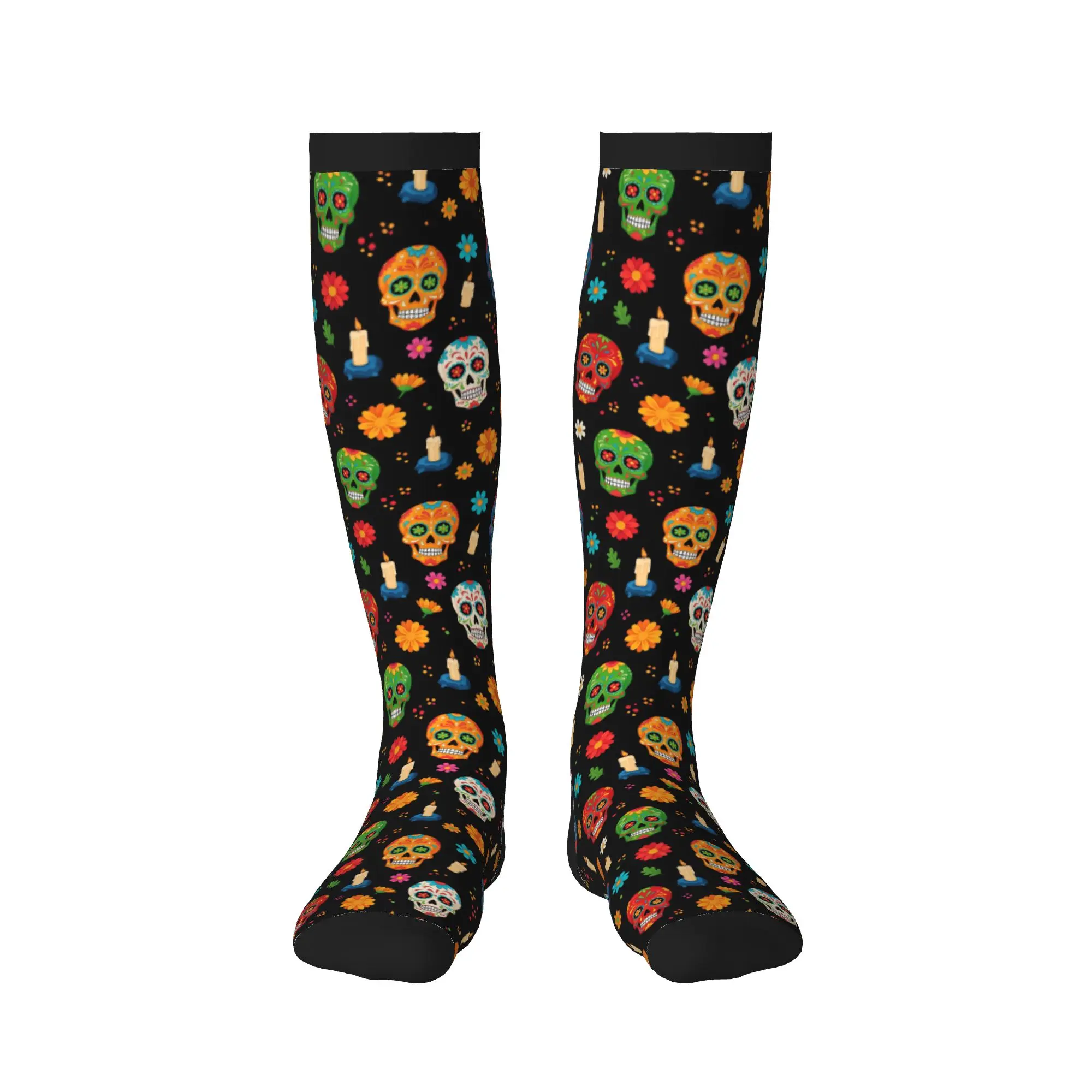 Mexican Flower Sugar Skull Dress Socks for Men Women Warm Fashion Novelty Dad Of THe Dead Art Sports Compression Socks