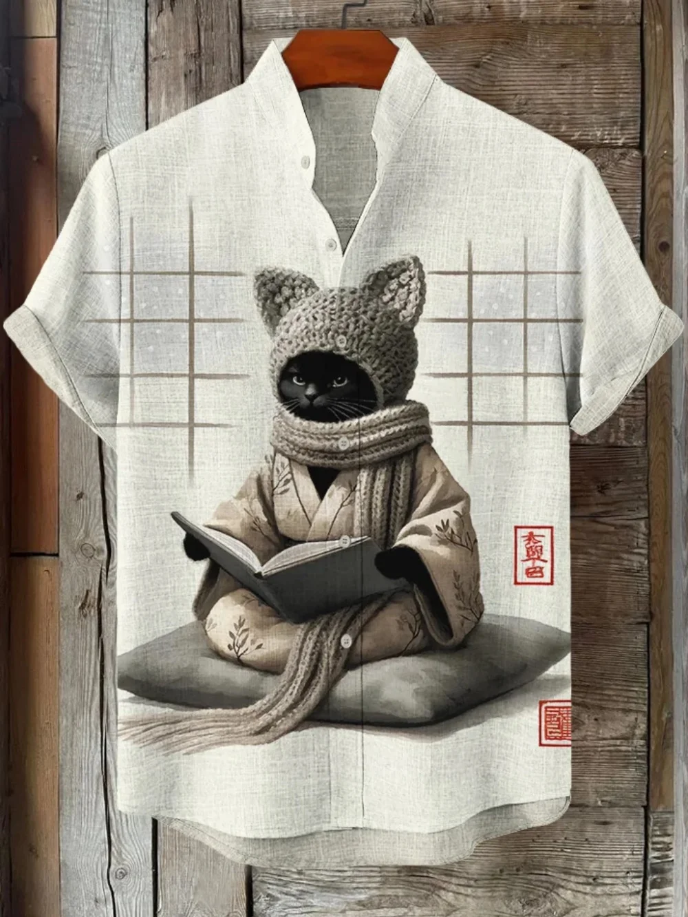 Men's plus Size Linen Shirt Colorful Tiger Skin Fish Ink Painting Print Short Sleeve Fashionable Stand up Collar Classic Style