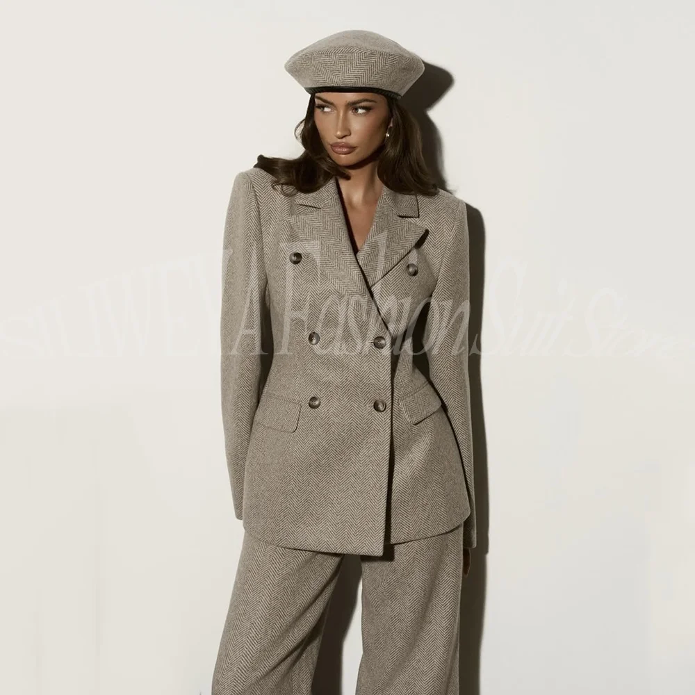 Luxury Herringbone Women's Suit 2 Pieces Jacket Pants Double Breasted Smart Casual Office Lady High-end Fashion Blazer Set