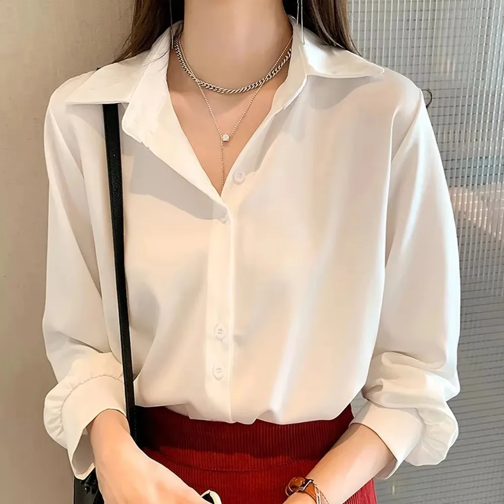 เสื้อชีฟองลำลองสไตล์สปริง/ออทัมน์ เสื้อเชิ้ตสีขาวสำหรับผู้หญิงทำงาน แฟชั่นเสื้อแขนยาวทรงหลวมสีพื้นสำหรับผู้หญิง