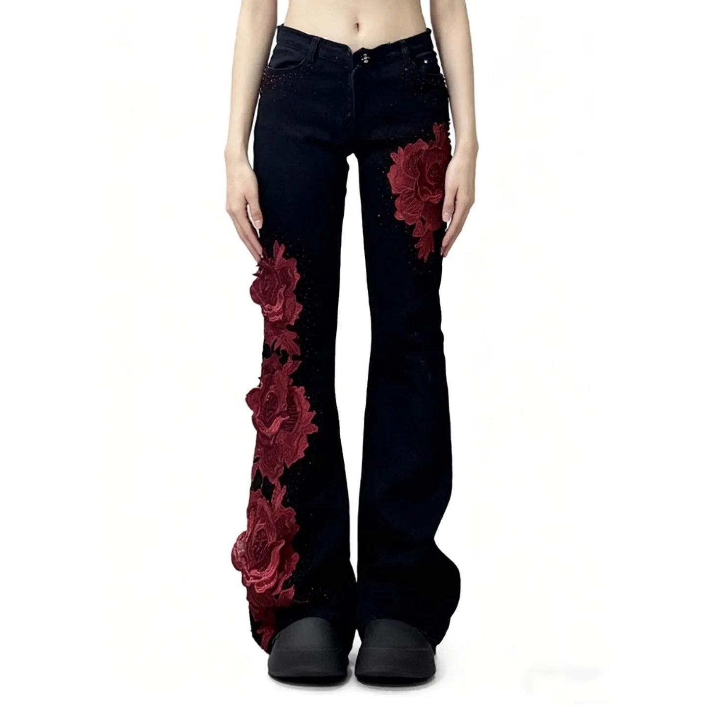 American Flare Pants Y2k Vintage Subcultural Rose Jeans for Women Streetwear Punk Women's Denim pants
