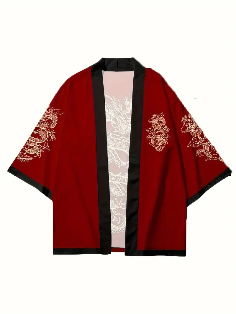Japanese Kimono Dragon Graphic Print Cosplay Haori Yukata Top Adult Traditional Samurai Loose Kimono Cardigan for Men Women