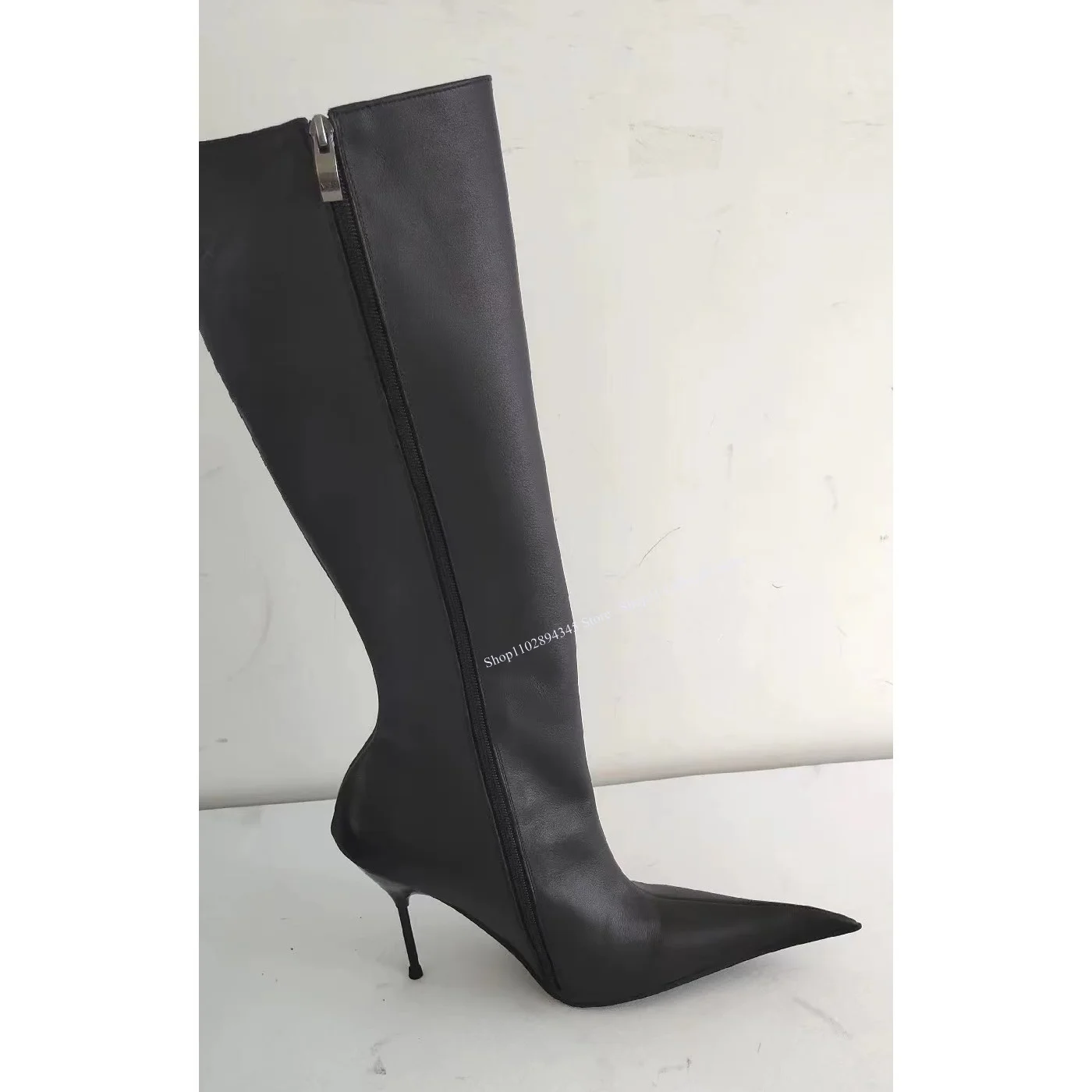 Black Real Leather Knee High Zipper Boots Pointed Toe Thin High Heel Cool Fashion Sexy Winter 2024 Woman Shoes Zapatillas Mujer