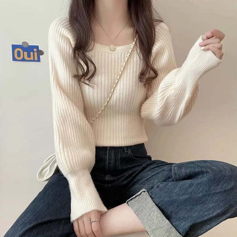 Women Clothes All-match Knitting Solid Color Square Collar Long Sleeve Pullovers Autumn Fashion Loose Sweater Ladies Sweet Tops