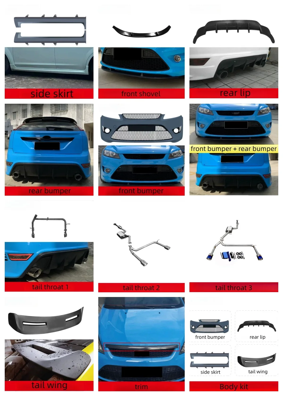 

Body kit for Ford Focus 2009-2015 modified Side skirt Rear lip Front Rear bumper Front shovel Tail throat Tail wing