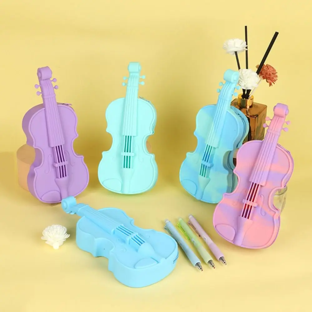 Silicone Material Violin Pen Bag Zipper Closure High Appearance Level Guitar Creative Pen Box Decorative Gift Creative Design