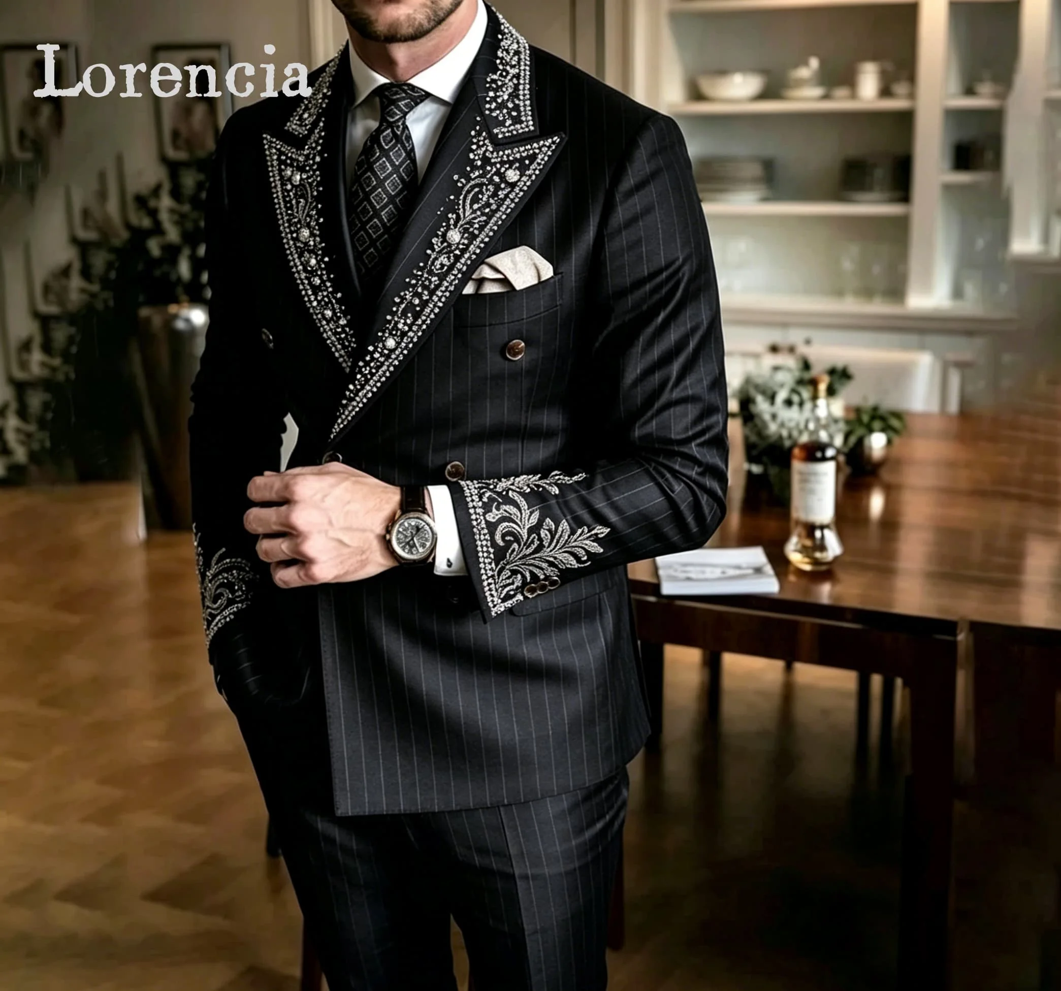Rhinestone Men's Business 2 Pieces Suits Regular Length Double Breasted Peak Lapel Tuxedos Stripe Jacket Pants Customized homem