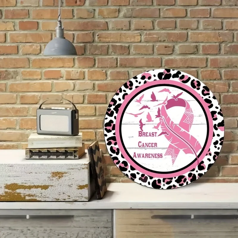 2D Flat, 2D Flat - Round Wooden Plaque, Breast Cancer Awareness, - Perfect for Halloween and Christmas Decorations, Wreath Cente
