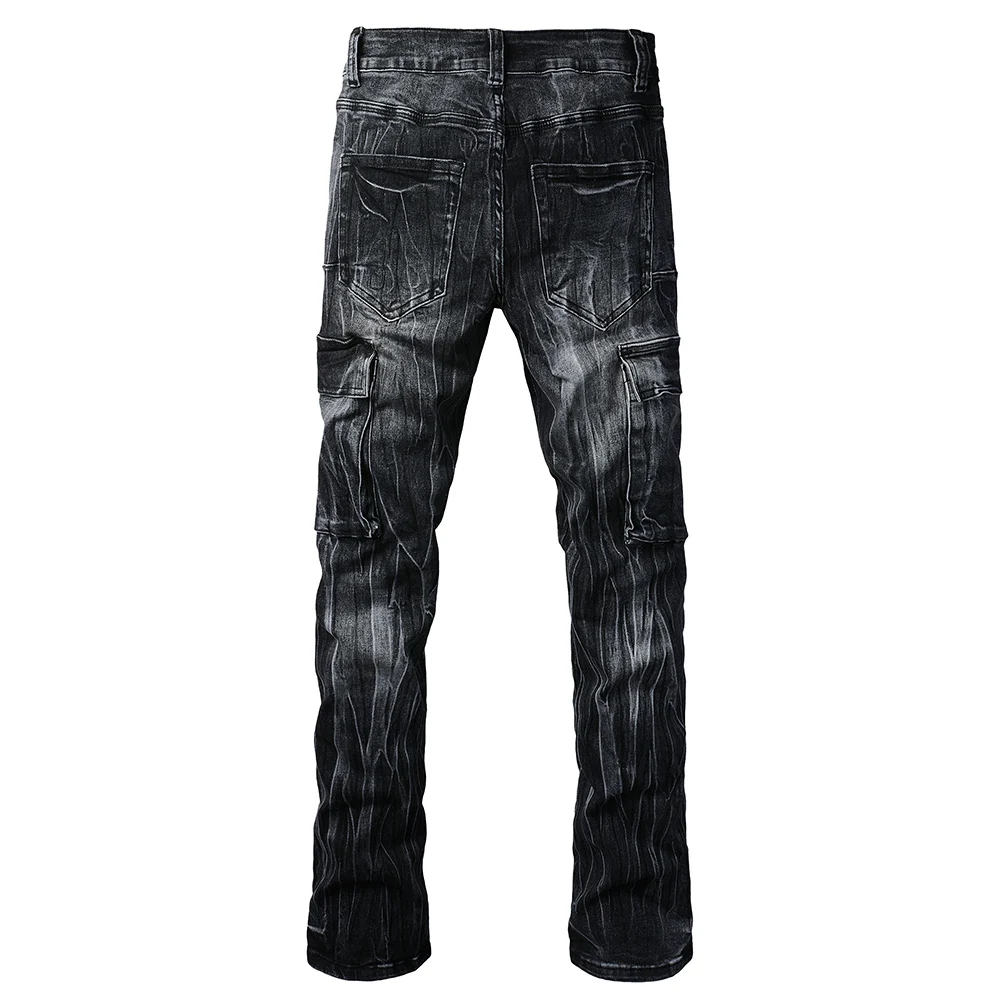 ผู้ชาย Boot Cut กางเกงยีนส์หลายกระเป๋า Cargo ผ้าฝ้ายสีดํา DENIM กางเกง Streetwear Slim Flared กางเกง