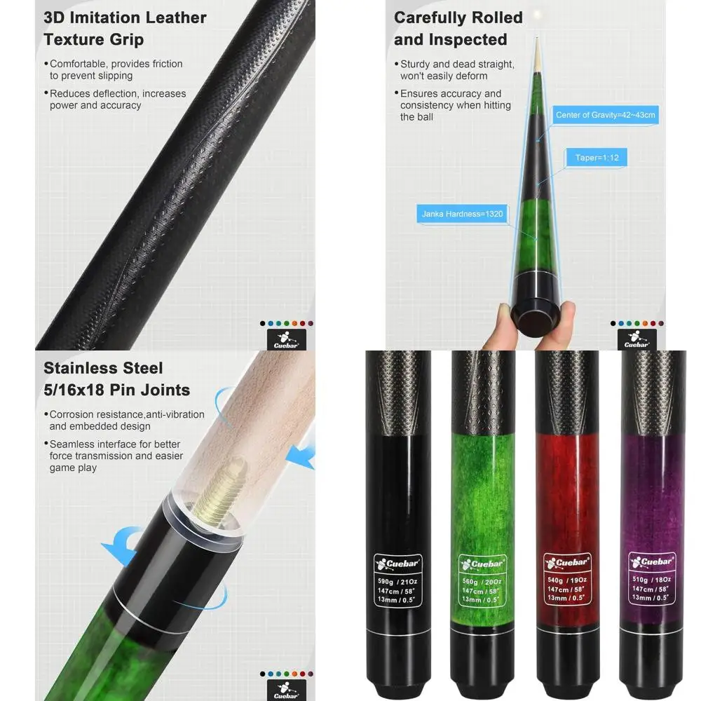 

Бильярдные кии из 4 предметов, 58 с 3D-захватом, грузики 18–21 унций, набор разноцветных бильярдных кий для взрослых