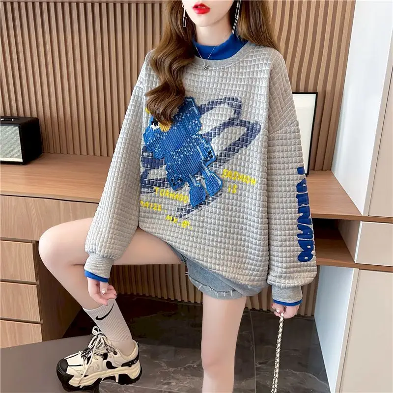 Mode Gefälschte Zwei-stück Pullover Frauen Frühling Herbst Trend Lose Beiläufige Top Harajuku Design Waffel Sweatshirt Frau Y2k Pullover