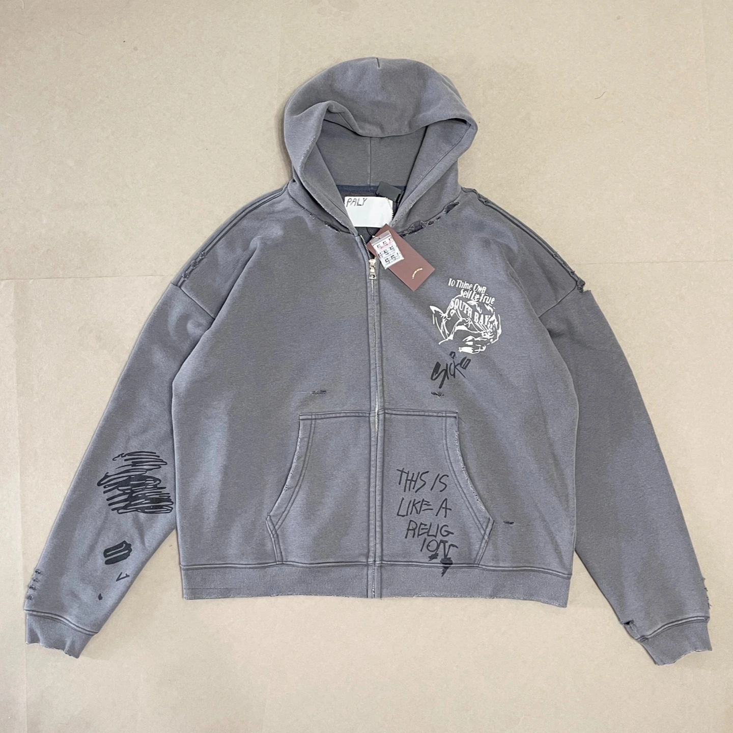 Yao Fashion Play Hot Drill Damage Tops Carrying The Message Zip Hoodie Make Washed Vintage Old Brand Terry Heavy Hoodies for Men