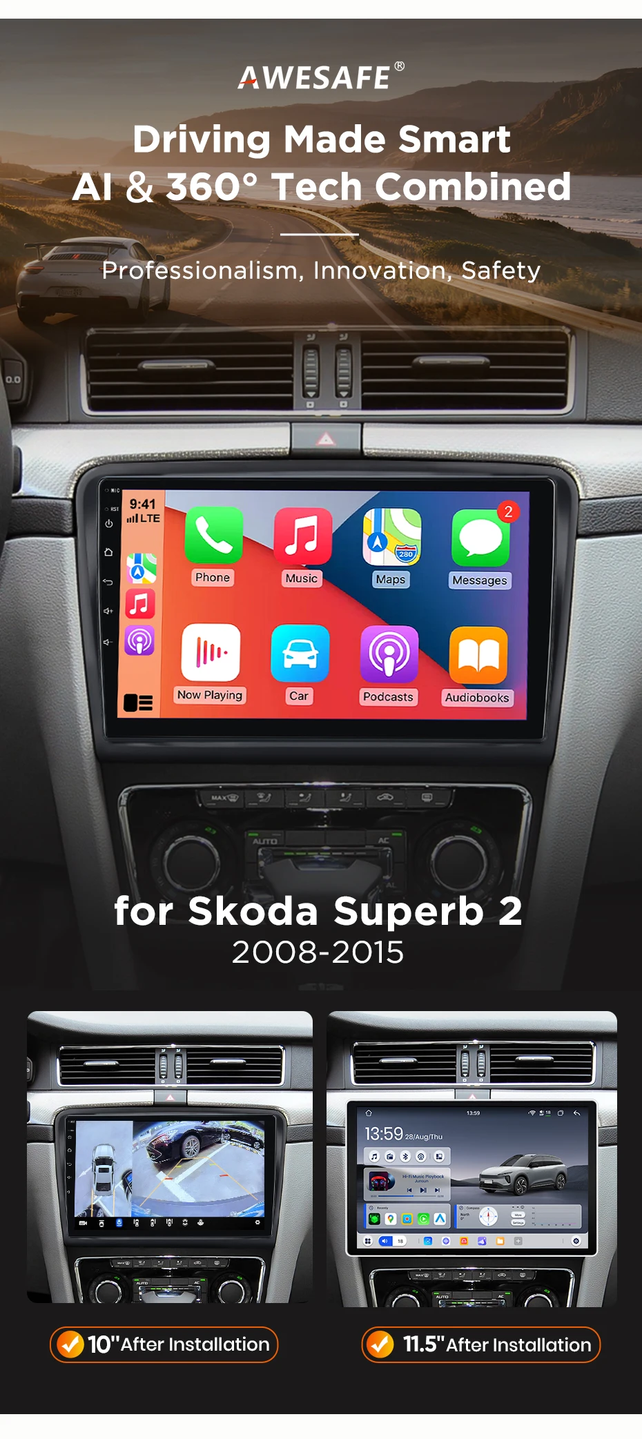 AWESAFE Kabelloses CarPlay Android Auto Radio für Skoda Superb 2 2008 2009 2010-2015 Auto-Intelligentes System RDS GPS FM BT DSP SWC – Detail 3