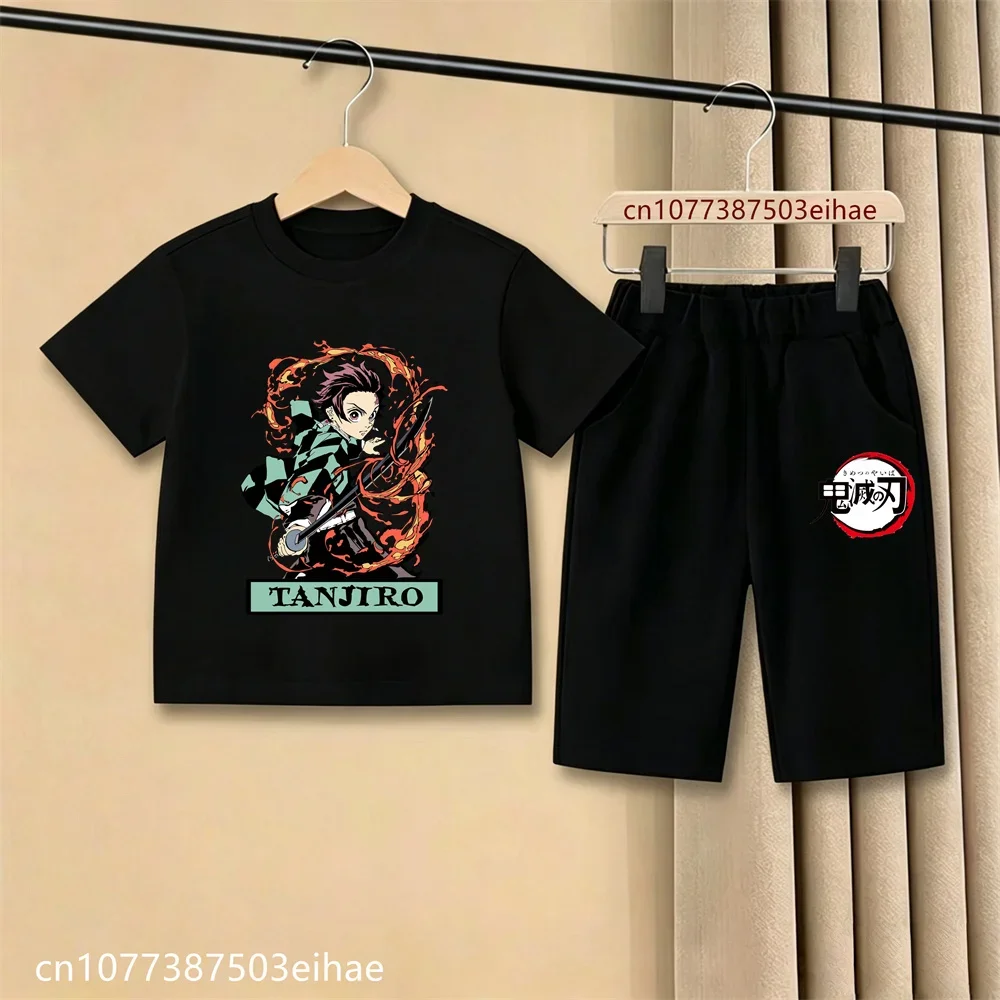 Demon Slayer Ghost Blade Kids Two-Piece Set Manga Anime Style Art Print T-Shirt And Casual Shorts Summer Wear for Boys