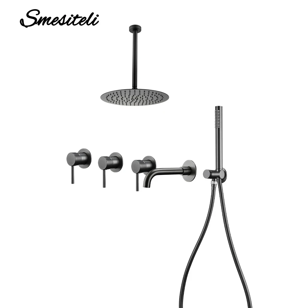 Teto Braço Banheiro Mixer Grupo Chuva de Chuveiro Maneiras Banho Torneira com Bico Gunmetal 812 150 21