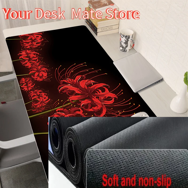 Black Desk Mat Gaming Mouse Pad Large Office Carpet Accessories Red Spider Lily Blossom Mousepad Gamer Computer Desktop Mat