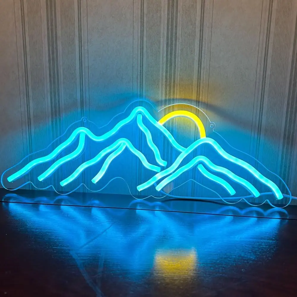 Mountain Sun Neon Sign Blue Landscape LED Wall Art USB Powered Nature Adventure Home Bedroom Living Room Decor Camper Gift Idea