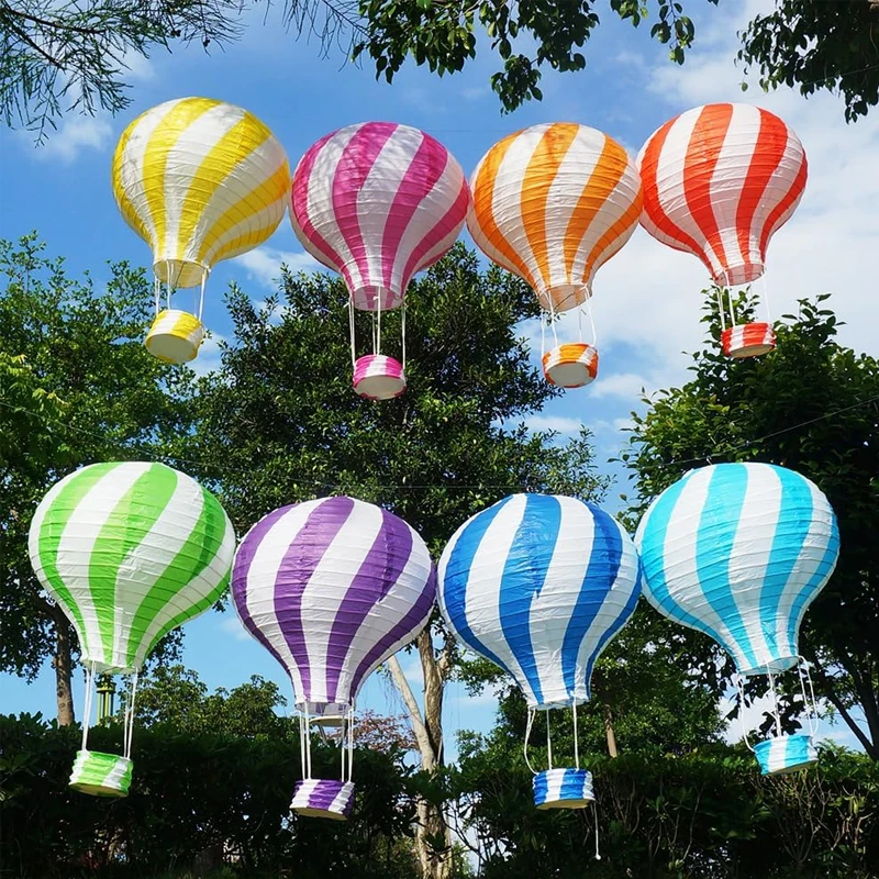 8 piezas 30,48 cm farolillos de papel con globos de aire caliente a rayas diagonales estilo chino/japonés linternas de papel de arroz grueso interior/exterior Navidad Día de San Valentín decoración de aniversario de boda