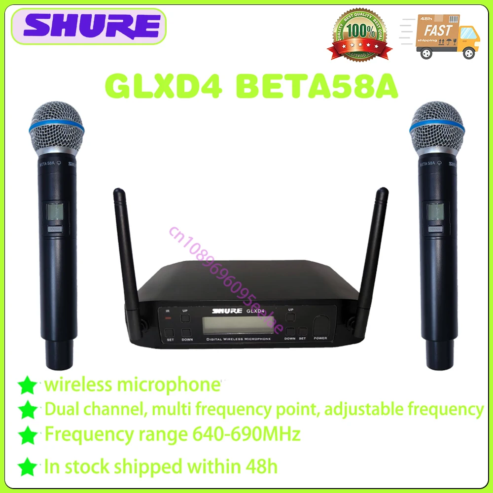 Shure GLXD4 BETA58A Беспроводной 2, ручной микрофон UHF, динамический профессиональный сценический микрофон для вечеринок, караоке, 640-690 МГц, беспроводной микрофон