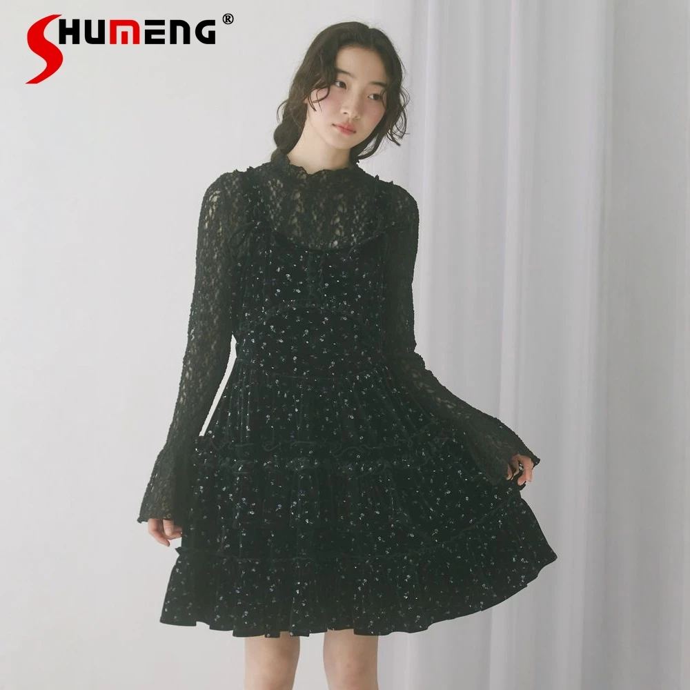 

Японский милый топ с высоким воротником и кружевными расклешенными рукавами, весенне-осенняя новая женская облегающая элегантная футболка, женский повседневный пуловер