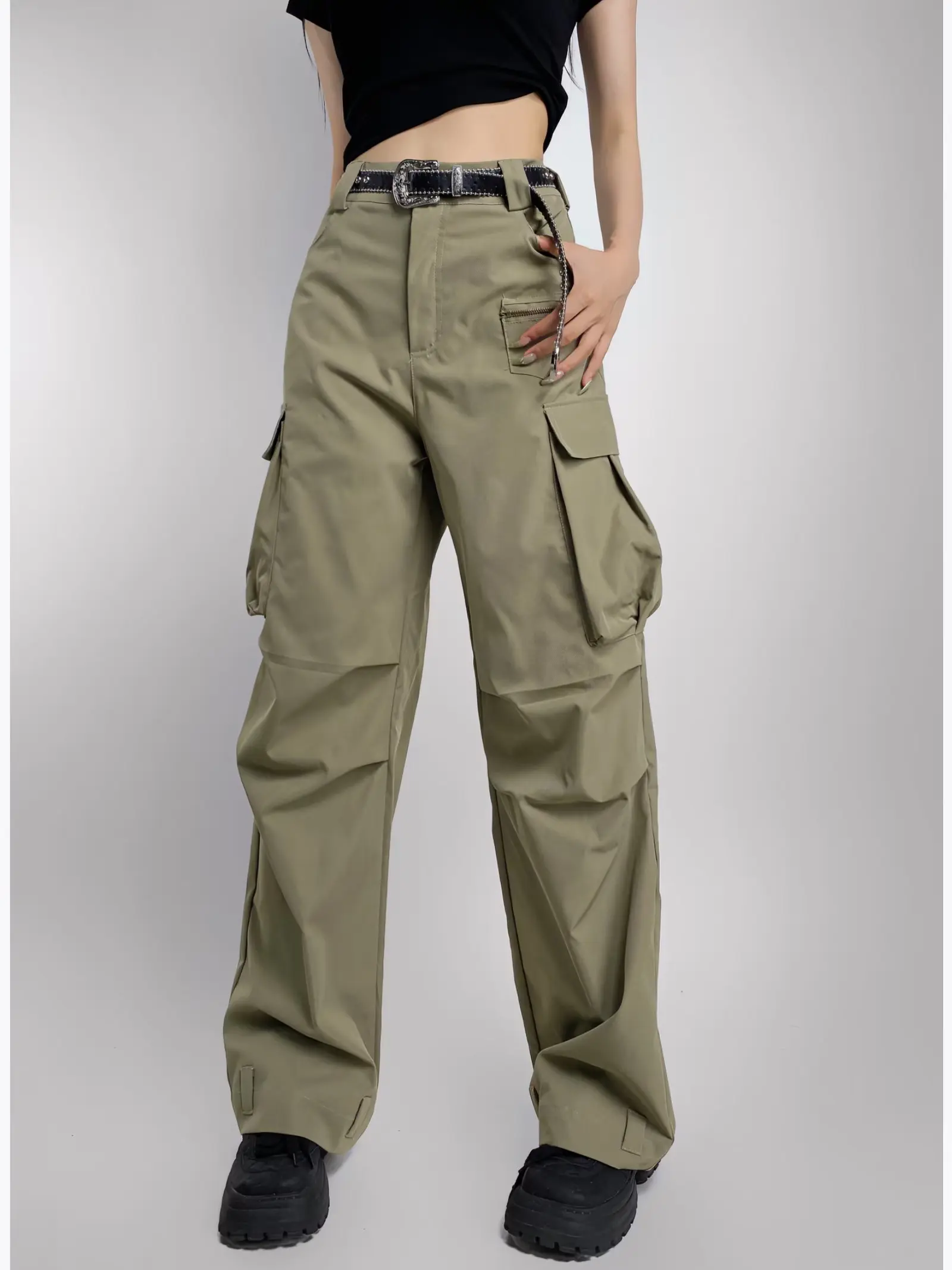 Women Multi Pockets Straight Leg Casual Cargo Pants Fashion Comfortable Long Length Pleated Design Trendy Hot Girl Work Trousers