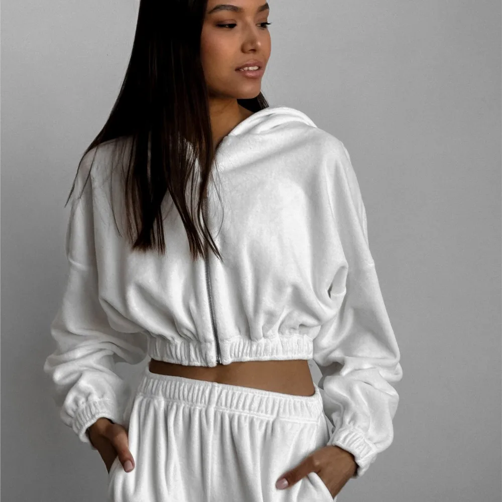 

New Trousers Set Autumn Winter Solid Color Casual Loose Fashion Pant Sets Short Long-sleeved Hooded Tops Trousers Two-piece